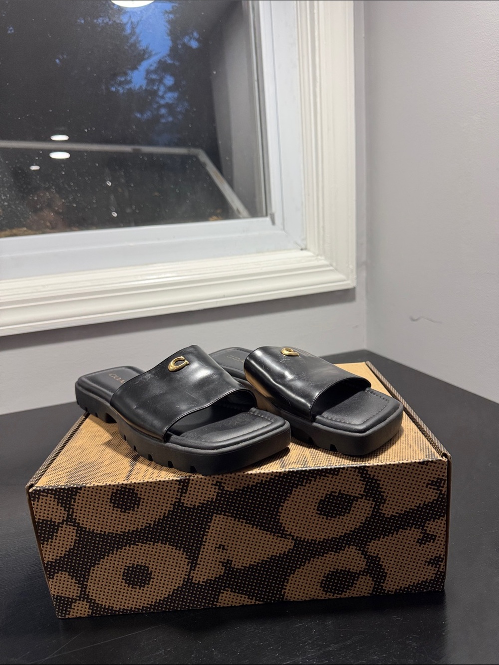 Coach Black Leather Slide Sandals with Gold Accent - Picture 2 of 5